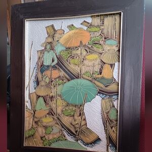 ANEK VINTAGE ASIAN FRAMED ART with Boats and Umbrellas